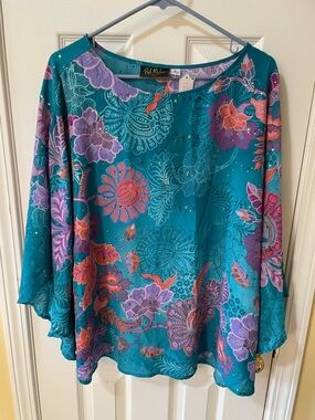 Bob Mackie Wearable Art XL Teal Floral Sequin Blouse Tunic Top Boho